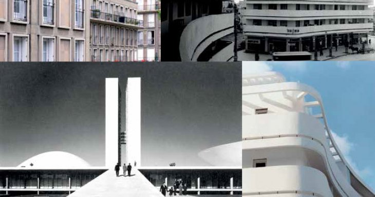 En haut à gauche, détails de bâtiments du Hâvre. En bas à gauche, vue de Brasilia. En haut et en bas à droite, vues de Tel-Aviv. Ces dernières pourraient tout aussi bien représenter Casablanca.